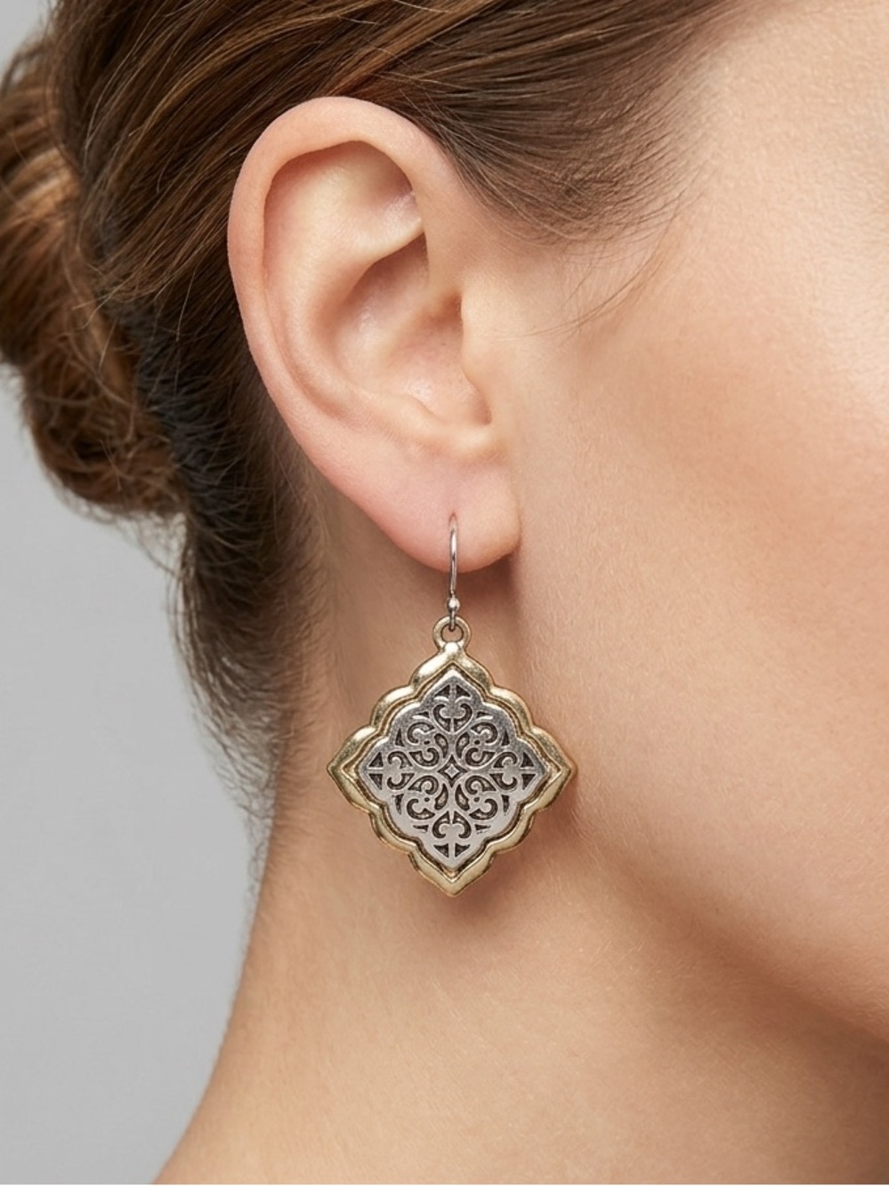 Catherines Two Tone Filigree Earrings | Boho Quatrefoil Dangle Earrings